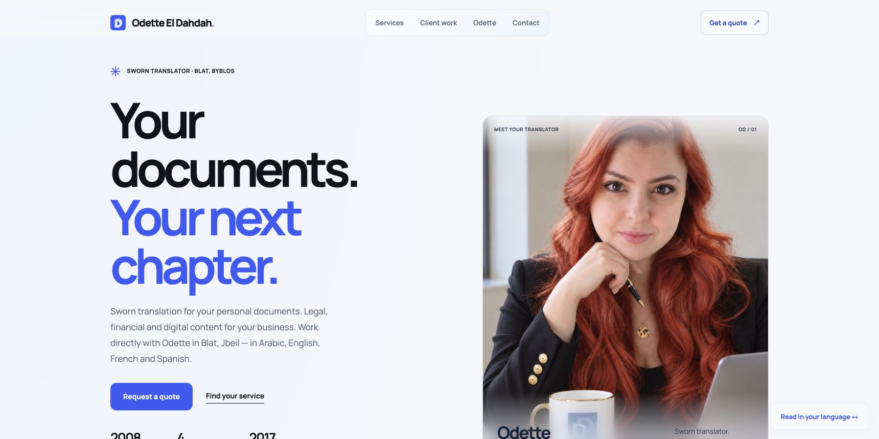 Published Odette El Dahdah website showing her identity, portrait and translation services